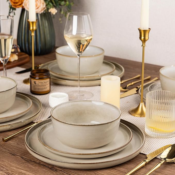 AmorArc Stoneware Dinnerware SetsRound Reactive Glaze Plates and Bowls SetHighly Scratch Resistant | Dishwasher &amp Microwave Safe Dishes SetService for 4 (12pc)
