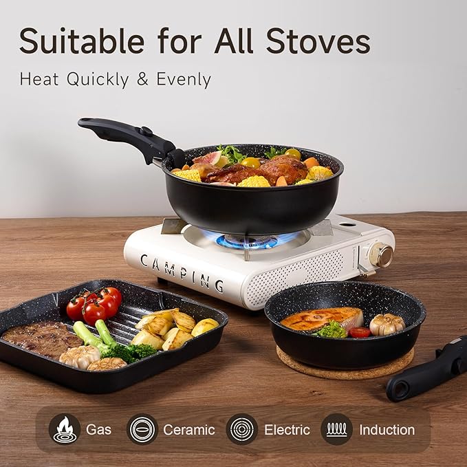 JEETEE 25pcs Pots and Pan Set Non StickDetachable Handle Cookware SetInduction Cooking &amp RV Camping Stackable Pots PansHealthy Kitchen Cookware Set PFAS/PFOA FreeBlack