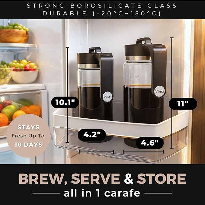 VINCI Express Cold Brew Electric Cold Brew Coffee Maker in 10 minutes 3 Brew Strength Settings &amp Cleaning Cycle Easy to Use &amp Clean Glass Carafe (2.0 Liters / 68 Fl.oz) Capacity