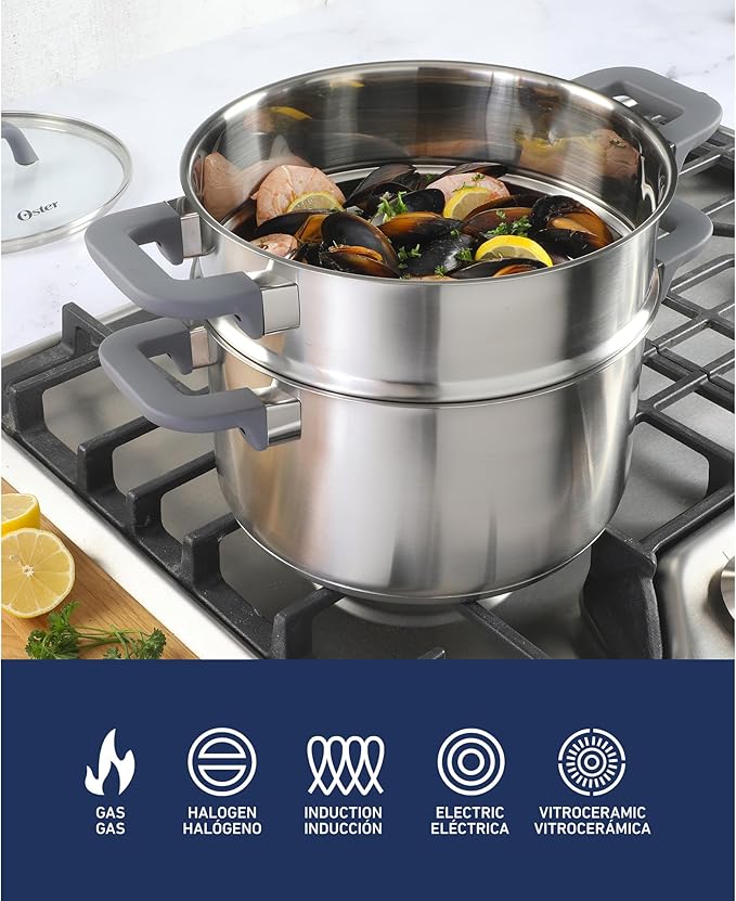 Oster Beauford 9-Piece Stainless Steel 5-Ply Encapsulated Base Cookware Set – Non-Toxic Induction Compatible Pots and Pans with Stay-Cool Handles – Dishwasher Safe
