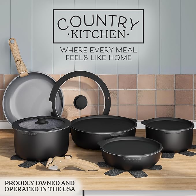 Country Kitchen Cookware Set with Removable Handle Oven &amp RV Safe Pots and Pans Set Black/Grey Wood Handle Original