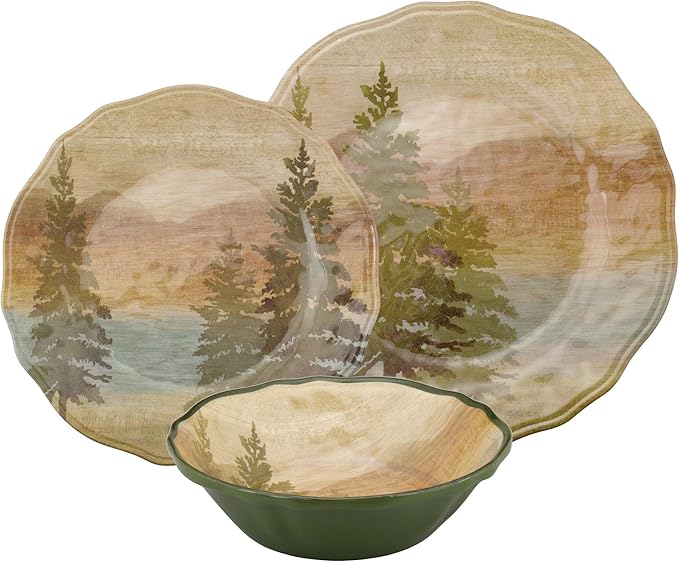 UPware 12 Piece Lakeside Pine Melamine Dinnerware Sets Outdoor Dishes Set Plates and Bowls Sets Service for 4 Beige