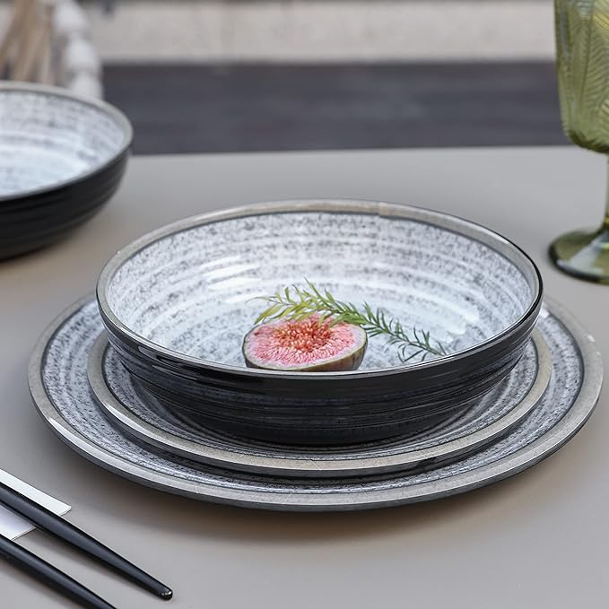 Melamine Dinnerware Sets 12 PCS - Service for 4 Plates &amp Bowls Sets Dishwasher Top-Shelf Safe BPA Free Dinner Dishes Set for Everyday Use-Granite Pattern Black Back