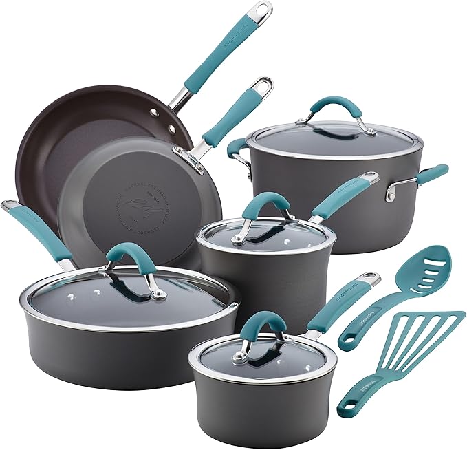 Rachael Ray Cucina Hard Anodized Nonstick Cookware Pots and Pans Set 12 Piece Gray with Blue Handles &amp Ray Bakeware Nonstick Cookie Pan Set 3-Piece Gray with Marine Blue Grips