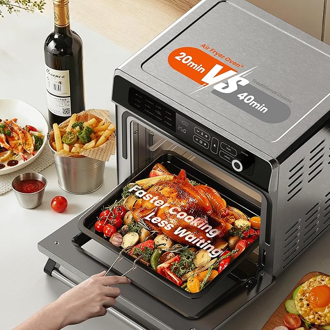 25QT Air Fryer Toaster Oven Combo 12-in-1 Large Convection Airfryer Oven with 70–450℉ Temperature Control &amp 60-Minute Timer Bake Roast &amp Broil Fits 12″ Pizza(Silver)