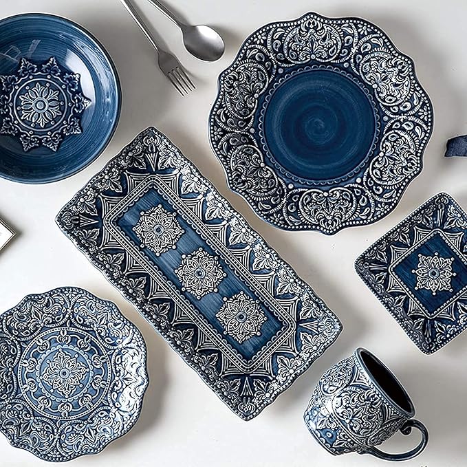 High-End Dinner Set Ceramics Dinner Sets 26 Pieces Porcelain Dinnerware Set | Relief Pattern Cereal Bowl and Steak Plate