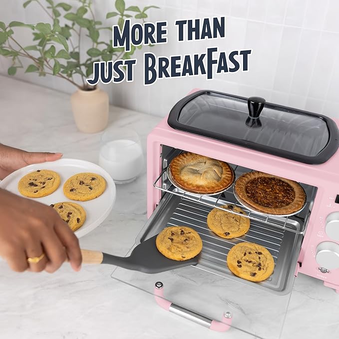 Nostalgia 3-in-1 Retro Breakfast Station - Includes 5 Cup Coffee Maker Non-Stick Ceramic Griddle and 4-Slice Toaster Oven - Built-In Timer Reusable Coffee Filter Space-Saving Design - Pink
