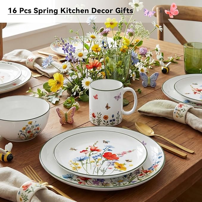 Pickmesh 16 Pcs Wildflower Ceramic Dinnerware Set for 4 Guest Floral Dish Set Spring Butterfly Dinner Plates Salad Plates Bowl Mug Kitchen Gift for Spring Kitchen Holiday Party Decoration