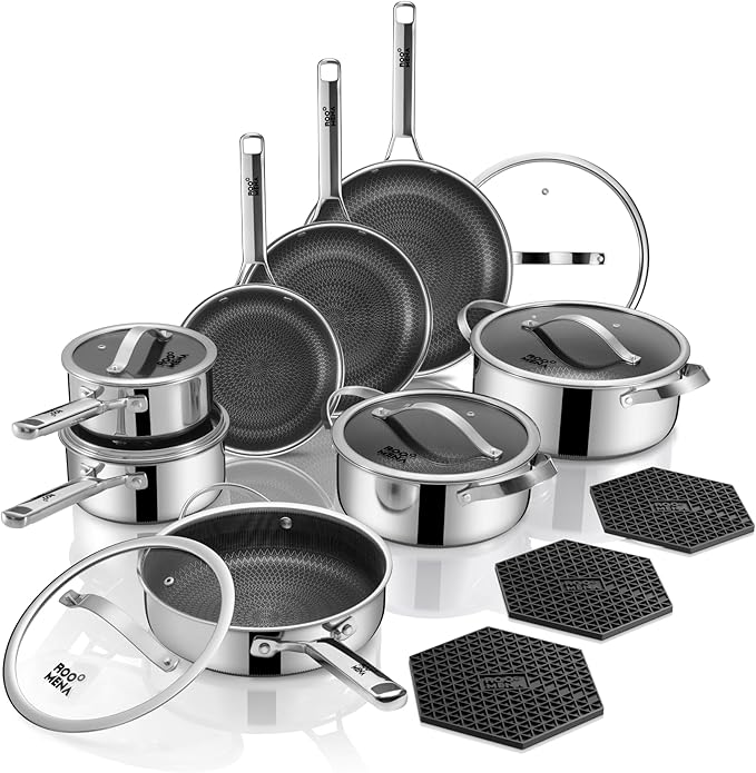 Pots and Pans Set Hybrid Stainless Steel 17PC Nonstick Tri-Ply Cookware Set w/Frying pan Dishwasher &amp Oven Safe PFOA-Free Metal Utensil Safe Suitable for All Cooktops