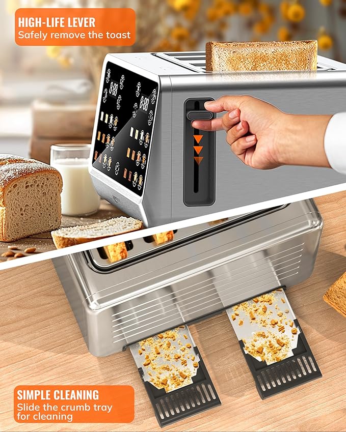 Toaster 4 Slice with TouchScreen Memory Function &amp Single-Slot Focus Keenstone 1800W Smart Digital Toaster for Ultimate Control Wide Slot to Reheat &amp Defrost Bagels Bread Waffles Stainle