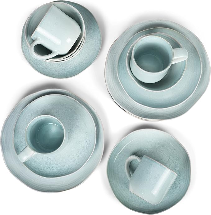 Elanze Designs Reactive Glaze Farmhouse Rustic Boho Ceramic Stoneware Dinnerware 16 Piece Plate Bowl Mug Dish Set - Service for 4 Ice Blue