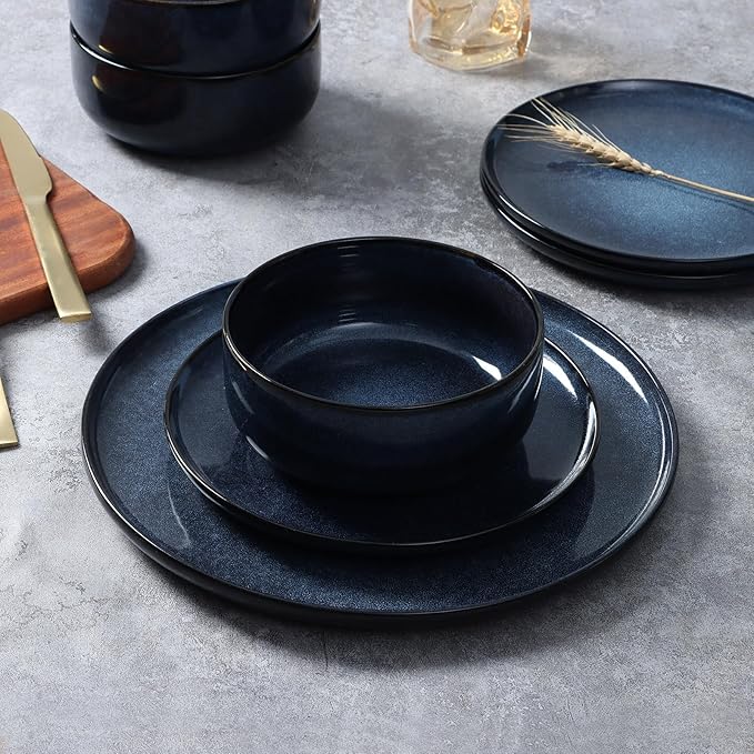 E-far Dinnerware Sets for 4 16-Piece Stoneware Plates and Bowls Set Reactive Glaze Dishes Dinning Ware Set Chip &amp Scratch Resistant Microwave &amp Dishwasher Safe - Deep Sea Blue