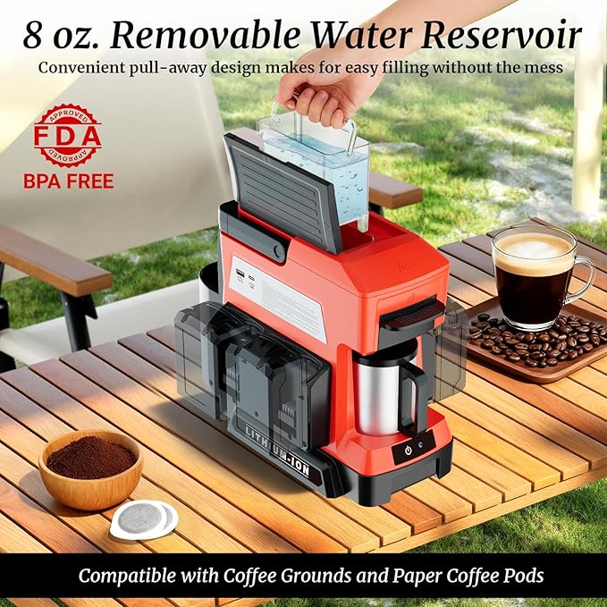 Cordless Coffee Maker for Milwaukee 18V Battery 3 Brewing Options Drip Coffee Maker with Coffee Grinder Portable Single Serve Coffee Makers for Camping Travel and Jobsite. (Tool Only)