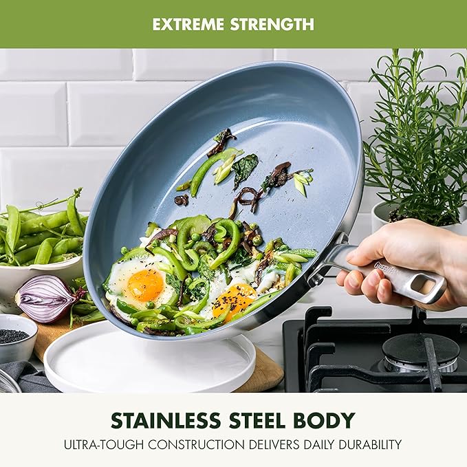 GreenPan Treviso Stainless Steel Healthy Ceramic Nonstick 12 Frying Pan Skillet with Lid PFAS-FreeClad Induction Dishwasher Safe Silver