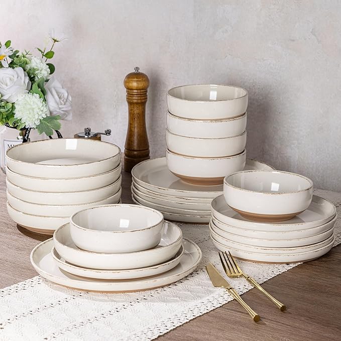 AmorArc Dinnerware Sets with Pasta Bowls for 4 Handpainted Stoneware Plates and Bowls Set with Rustic Terracotta Underside Scratch Resistant Dishes Set Dishwasher &amp Microwave Safe 16 Pcs