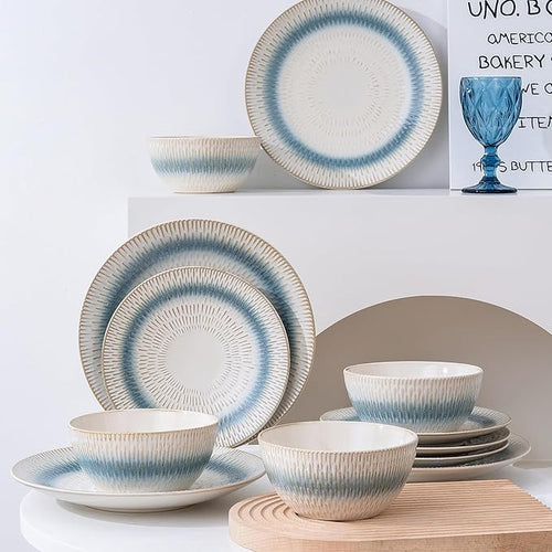12 Pieces Ceramic Dinnerware Sets Handmade Reactive Glaze Plates and Bowls Sets Stoneware Set Dishwasher &amp Microwave Safe Dishes set Blue Relievo