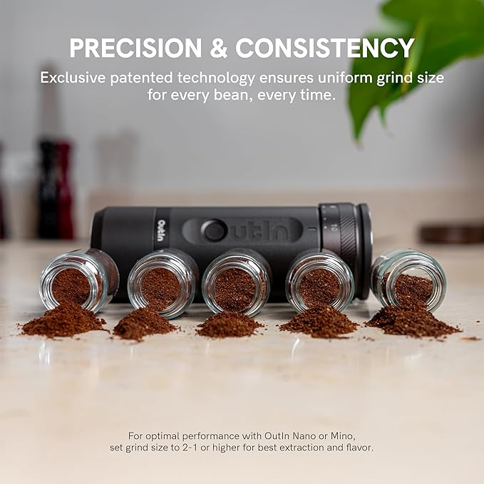 OutIn Nano Portable Electric Espresso Machine with Fino Portable Electric Coffee Grinder Brown &amp Grey