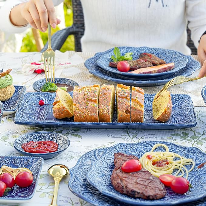 Sungmor Embossed Stoneware Fine Dining Dinnerware Antique Baroque Style 14 Long Rectangular Porcelain Serving Platter Set of 2 Sophisticated Ceramic Dish for Party Cookies Fruit Cheeses &amp Des