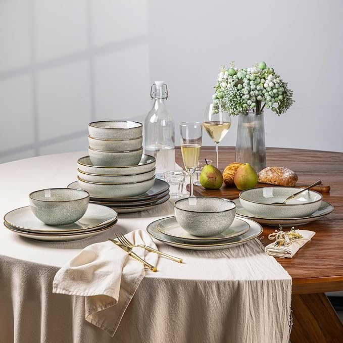 GBHOME 24 Pieces Ceramic Dinnerware Sets for 6 Stoneware Plates and Bowls Set with Reactive Glaze Scratch Resistant Stoneware Dishes Set Dishwasher &amp Microwave Safe