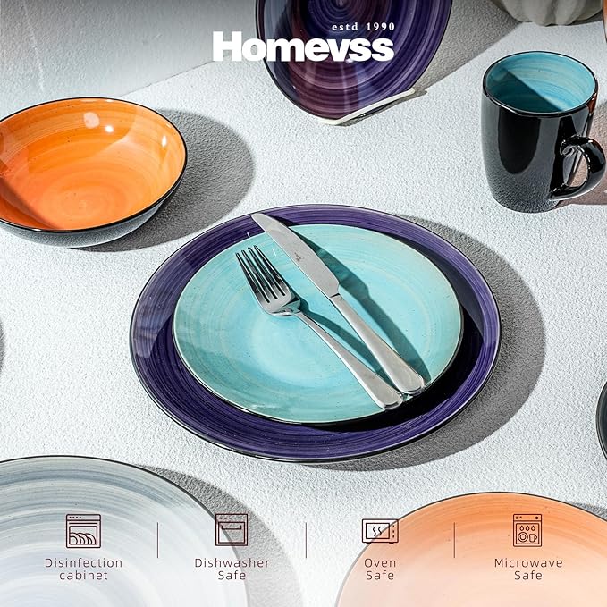 Sonoma 16 Piece Stoneware Dinner Set Samoa Outside Black + Inside Hand painted Combi Colors of Grey Orange Purple and Turquoise) with speckle