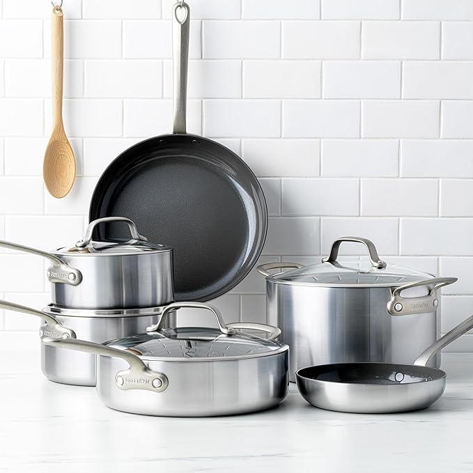 GreenPan Craft Steel 10-Piece Cookware Set with Bonus Pan Protectors Silver