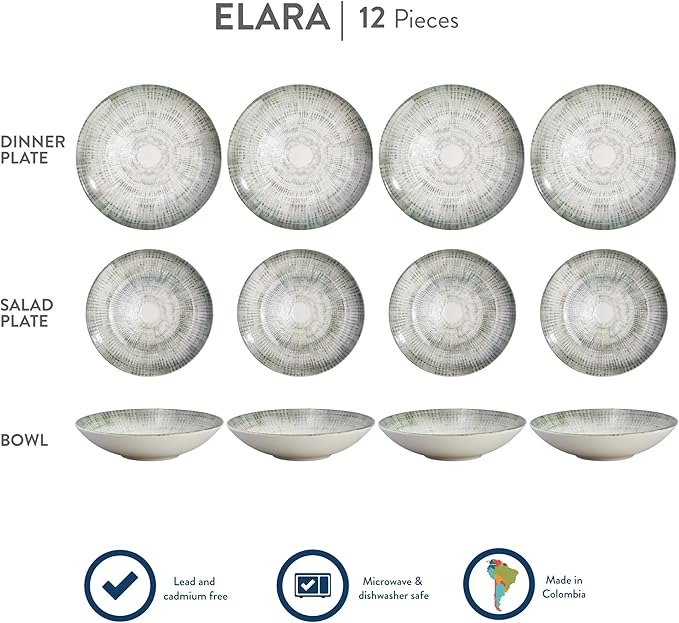 Corona 12-Piece Textured Modern Textured Finish Ceramic Dinnerware Sets Plates and Bowls Service For 4 Microwave and Dishwasher Safe Elara