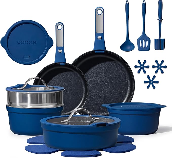 CAROTE 22pcs Pots and Pans Set Non Stick Nonstick Cookware Set Dishwasher/Oven/Fridge Safe Pots and Pans Removable Handle RV Oven Safe Cookware Induction Kitchen Set Blue