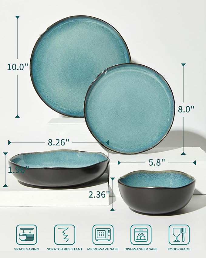 32 Piece Dinnerware Set for 8 with Pasta Bowls Green Black Reactive Glaze Stoneware | All‑in‑One Host Set for Entertaining Holiday Meals Multi‑Course Dinners | Unique Irregular Coastal Look