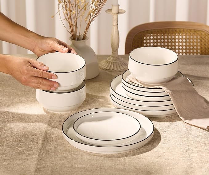 Ceramic Dinnerware Set 12-Piece Service for 4 Round Microwave and Dishwasher Safe Cambridge Classics (French)