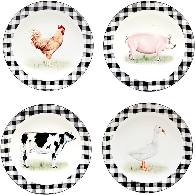 On the Farm 16-Piece Dinnerware Set – Country Farmhouse Plates Bowls &amp Mugs for 4 – Ceramic Dinnerware Featuring Cow Pig Rooster Duck &amp Gingham Design – Rustic Kitchen Tableware