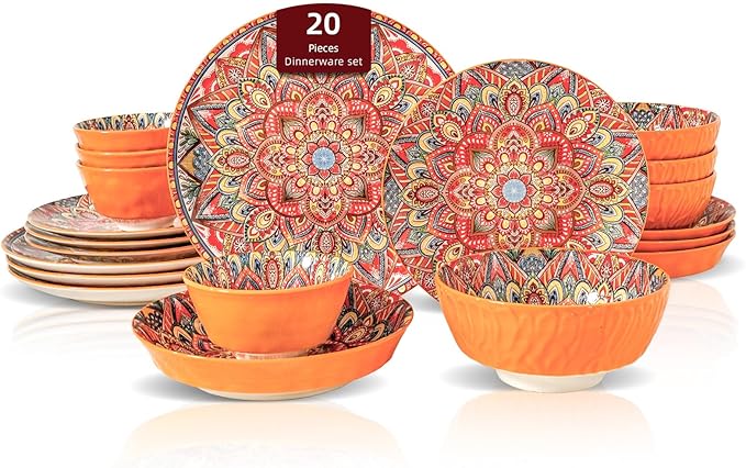 Homevss 20 Pieces Dinnerware Sets Plates and Bowls Set Porcelain Dishes Set for 4 Microwave and Dishwasher Safe Scratch Resistant Bohemian Style Dining Ware