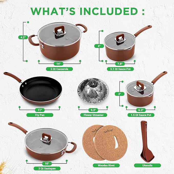 NutriChef 17pcs Brown Stackable Pots and Pans Set Nonstick Induction Cookware Space Saving Cookware Easy Clean Ideal For RV and Camper Includes a Foldable Steamer Basket and Cooking Utensils