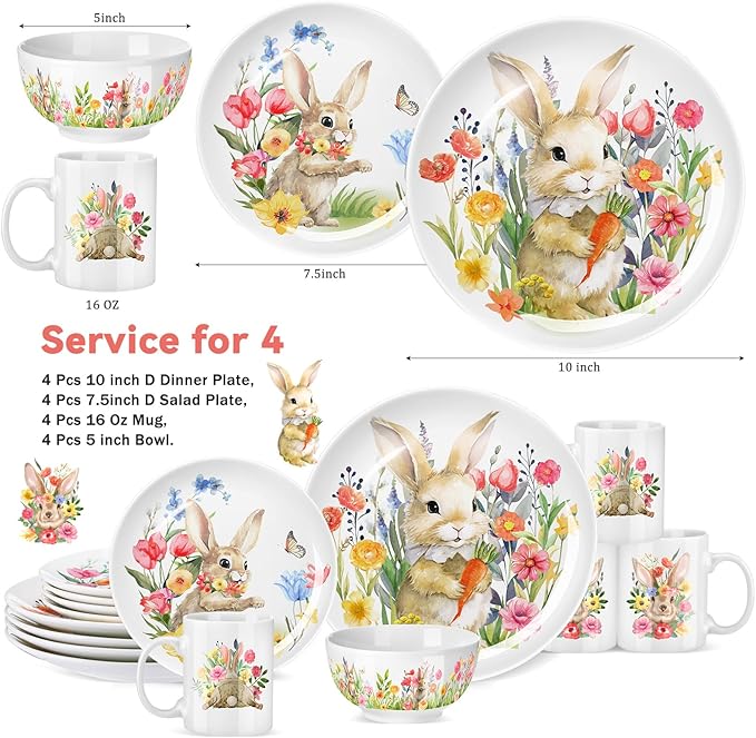 Zhehao 16 Pcs Easter Bunny Dinnerware Set Ceramics Rabbit Dishware Include 10 Inch Dinner Plate 7 Inch Salad Plate 5 Cereal Bowl 16 oz Coffee Mug for Holiday Dinner Party Service for 4