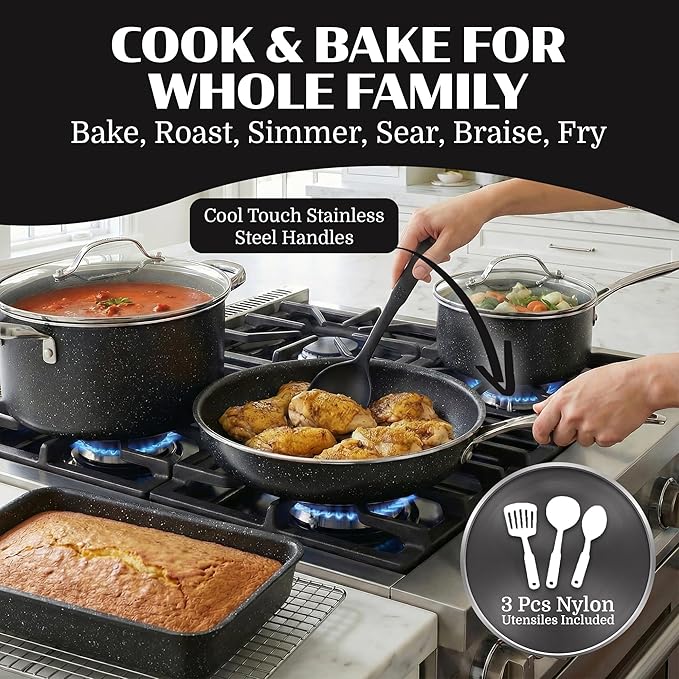 Granitestone Ceraluxe 20 Pc Ceramic Cookware Set Nonstick Complete Pots and Pans Set Non Stick for Kitchen with Bakeware Utensils &amp Steamer Non Toxic Made Without PFOA PFOS Oven &amp Dishwash