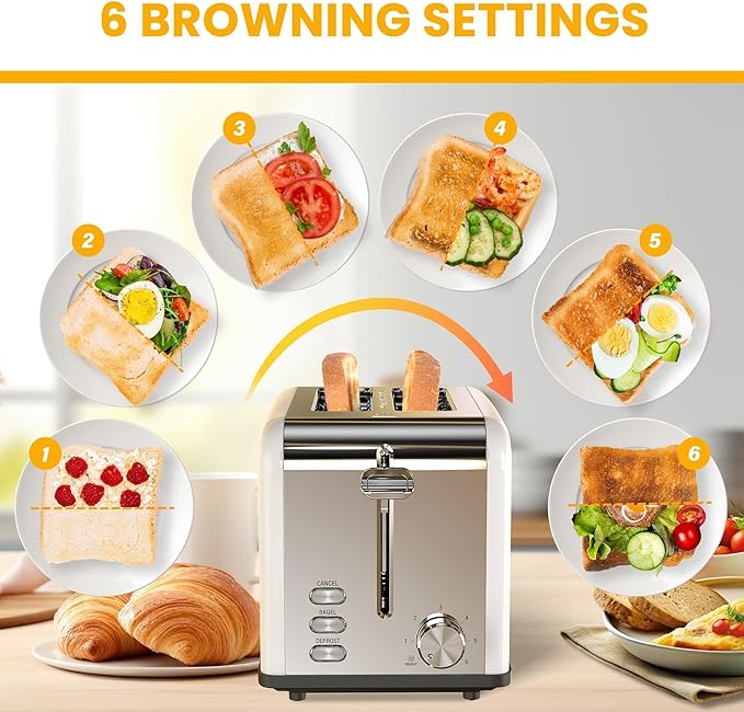 Simple Deluxe 2-Slice Stainless Steel Toaster Extra Wide Slot Toaster &amp Removable Crumb Tray with 6 Browning Setting and 3 Function for Bread &amp Waffle White