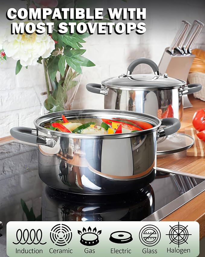 Cook N Home Stainless Steel Pot Set with Glass Lid 6 Pieces Basics Cookware Set with Stay-Cool Silicone Handles 1.5/3/5.5 Quarts Small Cooking Stock Pot Saucier Casserole