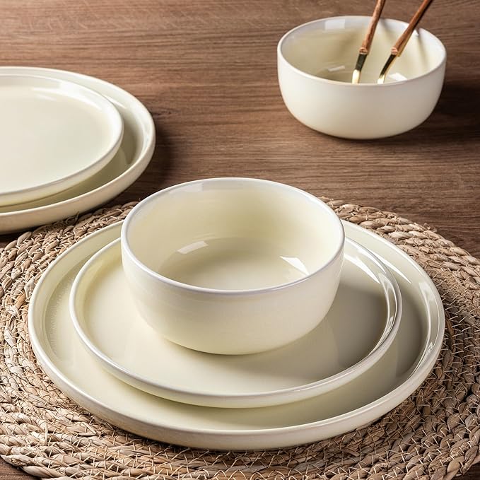 AmorArc Stoneware Dinnerware Sets for 4Round Reactive Glaze Ceramic Plates and Bowls SetHighly Scrath Resistant | Dishwasher &amp Microwave Safe Dishes SetService for 4 (12pc)
