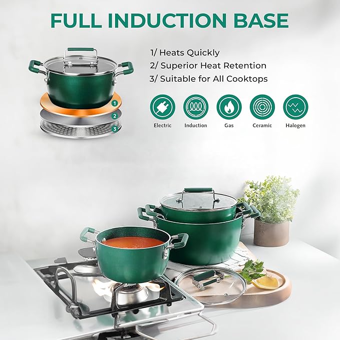 Granitestone Green Pots and Pans Set Nonstick 6 Stackable Piece Cooking Pots Set Kitchen Pots Non Stick Coating 5qt 3qt &amp 1.5qt Pots with Lids Stay Cool Handles Dishwasher Safe 100% Toxin Fre