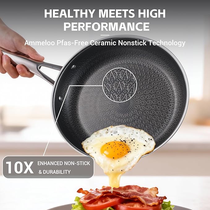 Ammeloo 18 Pcs Ceramic Pots and Pans Set Non Stick 17 Pcs Nonstick Stainless Steel Cookware Set