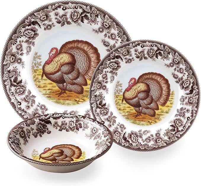 Spode Woodland 3-Piece Thanksgiving Dinnerware Set - Porcelain Plates &amp Bowl Fall Dinnerware Collection - Microwave &amp Dishwasher Safe - Elegant Autumn Tableware