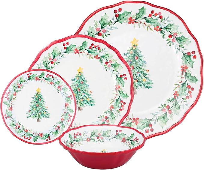 UPware 16 Piece Christmas Tree Melamine Dinnerware Sets Outdoor Dishes Set Plates and Bowls Sets Christmas Decorations Service for 4 Red