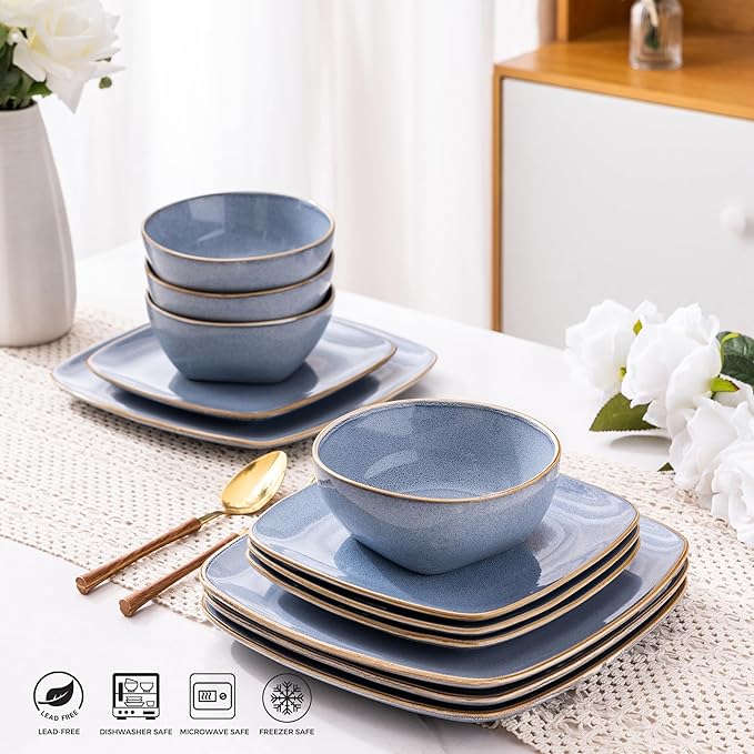 AmorArc Ceramic Dinnerware Sets for 4 12 Pieces Square Handpainted Plates and Bowls Set Chip and Scratch Resistant Stoneware Dishes Set Dishwasher &amp Microwave Safe Reactive Blue