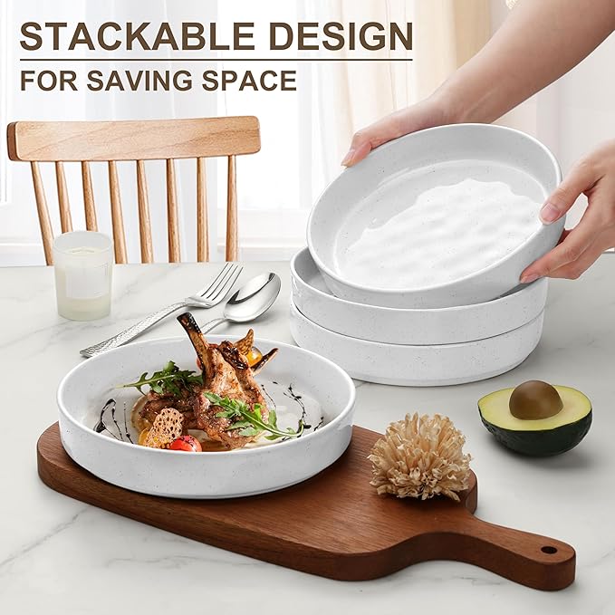 Herogo 18 Pieces Plates and Bowls Sets for 6 with Pasta Bowls Set of 4 Stoneware Dinnerware Set for Kitchen Ceramic Dinner Dishware Dishwasher &amp Microwave Safe Speckled White