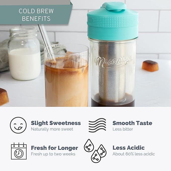 Masontops Cold Brew Makers Kit - Deluxe Iced Coffee Maker with Glass Pitcher &amp Stainless Steel Mesh Filter - Easy Pour Fridge Cold Brewer System