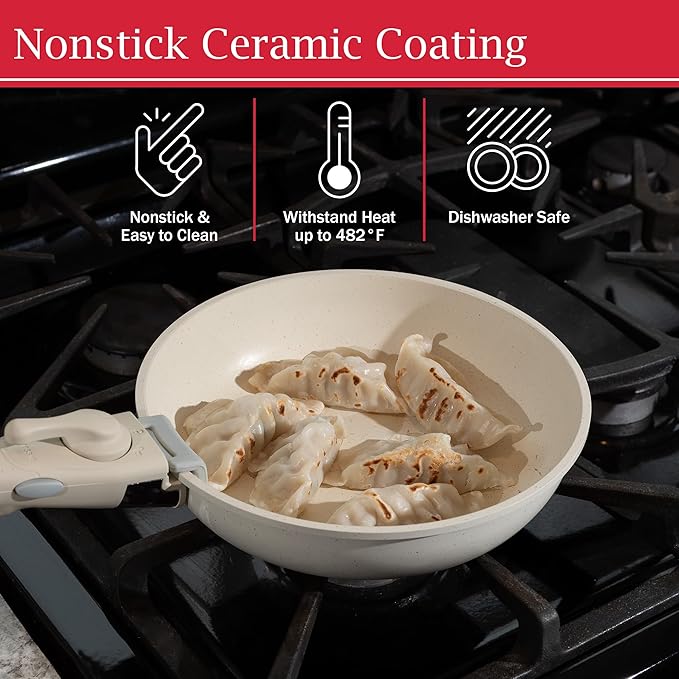 8-Piece Pots and Pans Set - Nonstick Cookware Set with Detachable Handle Lids Spatula and Steam Pan - Kitchen Essentials by Home-Complete (Cream)