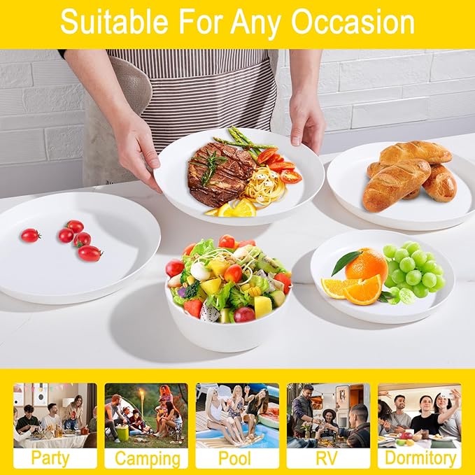 EI 12pcs White Wheat Straw PlatesWheat Straw Dinnerware SetPlates and Bowls SetsUnbreakable Plastic PlatePlastic Plates ReusableDinner Plates Set of 4Plastic Dishes Set