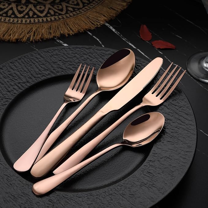 VANDBAO Coppery Flatware Cutlery Silverware Set 20 Pieces Stainless Steel Colorful Utensils Tableware Set Service for 4 Include Knife/Fork/Spoon Reusable Mirror Polished Dishwasher Safe