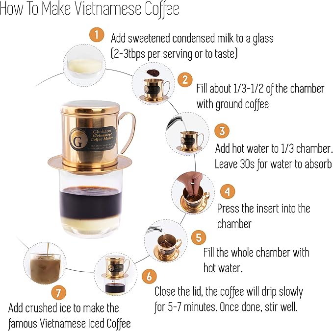 Vietnamese Coffee Maker Filter Phin Small French Press Portable Cup Single Serve Coffee Makers Gift for coffee lovers (Gold 1)