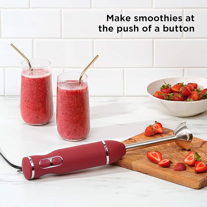 Chefman Immersion Stick Hand Blender with Stainless Steel Blades Powerful Electric Ice Crushing 2-Speed Control Handheld Food Mixer Purees Smoothies Shakes Sauces &amp Soups Red
