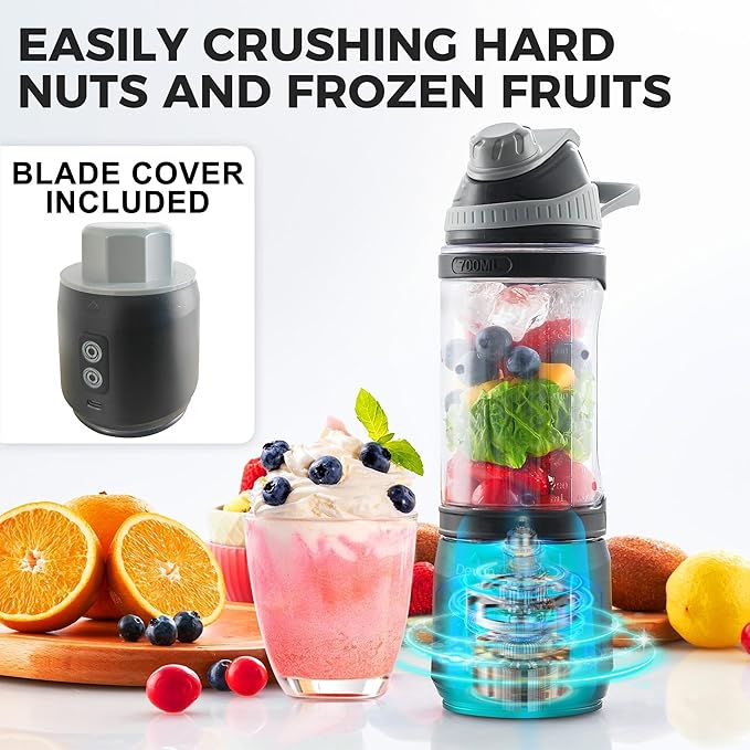 Portable Blender Anti-Jamming 300 Watt for Shakes and Smoothies 24oz Travel Blender USB Rechargeable BPA Free Sporty bottle with a Travel Lid. (Black Base Grey Lid) (Black with Insulated Sleeve)